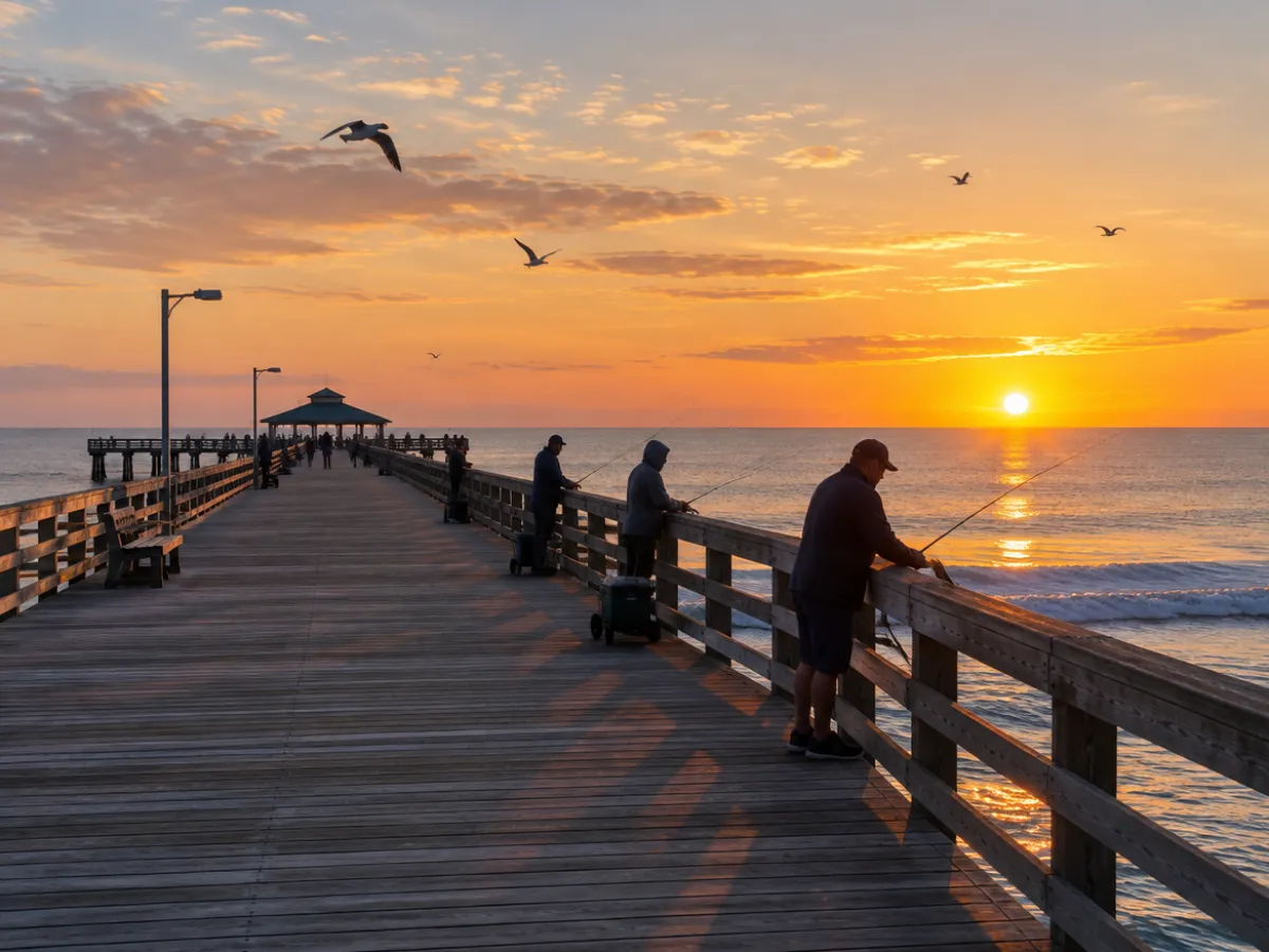 Illustration: anglers on a long wooden public fishing pier over the ocean at sunrise
