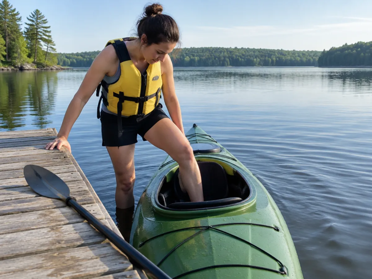 Illustration: a paddler in a life jacket stepping from a low dock into a kayak