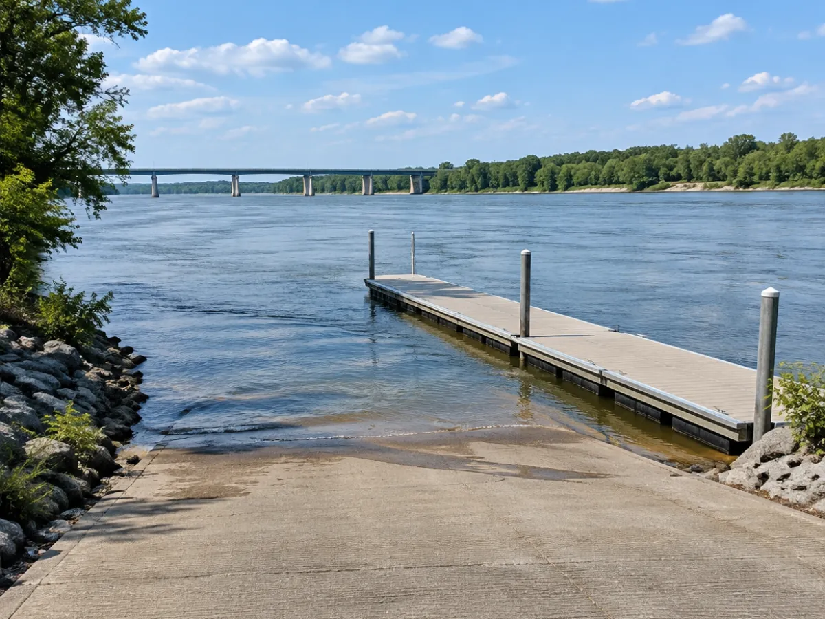 Illustration: a public boat ramp with a floating dock on a wide river