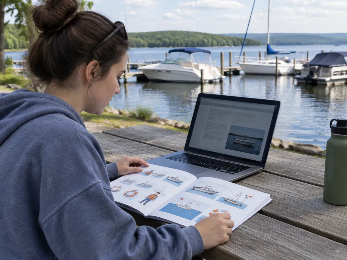 Illustration: a person studying a boating safety course on a laptop near a marina